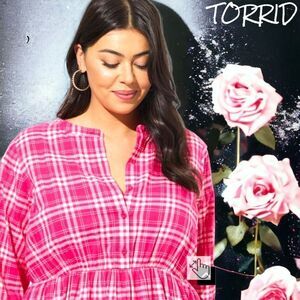 TORRID 3X pink, white plaid mini Voile Mandarin Collar Dress.Adorable!